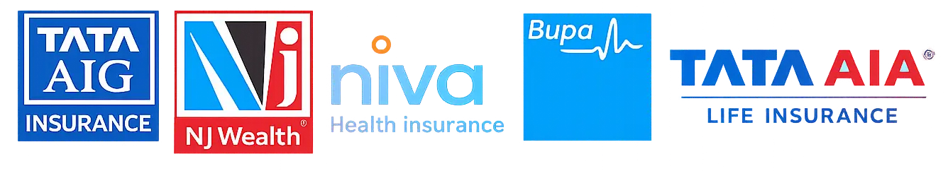 Partners including NJ Wealth, TATA AIA, TATA AIG, and Niva Bupa